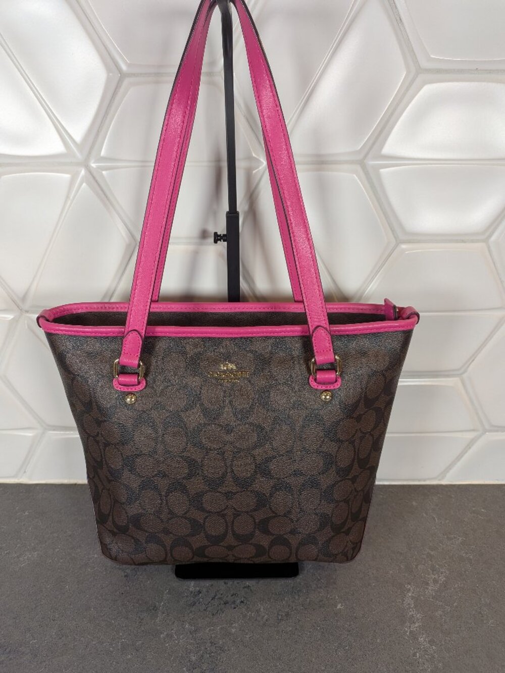 Women's Coach Signature City Tote Brown Canvas Fuchsia Pink Leather Shoulder Bag